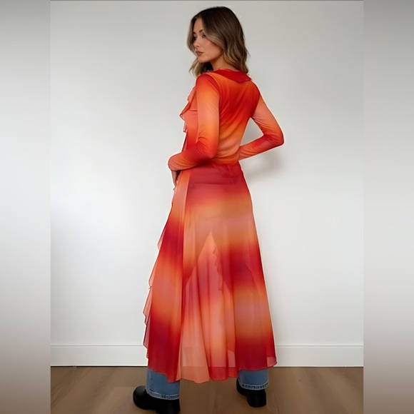 Mesh Tye Dye Printed Long Ruffled Top - Picture 3 of 7